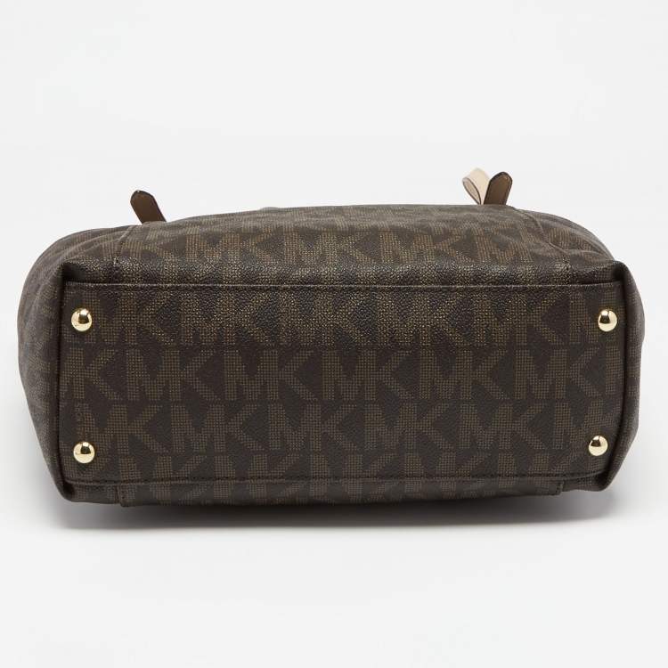 مملوكة مسبقًا MICHAEL Michael Kors Dark Brown/Beige Signature Coated Canvas and Leather Jet Set Top Zip Tote
