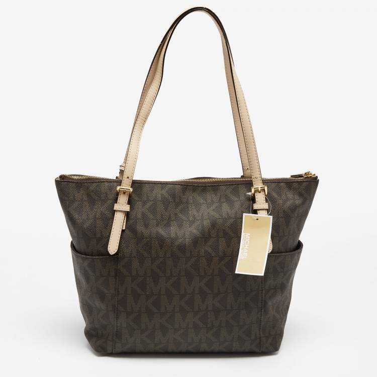 مملوكة مسبقًا MICHAEL Michael Kors Dark Brown/Beige Signature Coated Canvas and Leather Jet Set Top Zip Tote