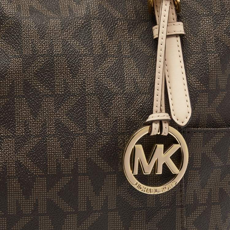 مملوكة مسبقًا MICHAEL Michael Kors Dark Brown/Beige Signature Coated Canvas and Leather Jet Set Top Zip Tote