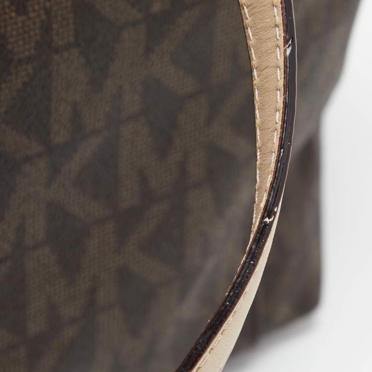 مملوكة مسبقًا MICHAEL Michael Kors Dark Brown/Beige Signature Coated Canvas and Leather Jet Set Top Zip Tote