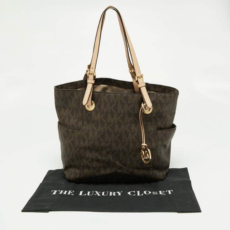 Pre Owned MICHAEL Michael Kors Brown/Beige Signature Coated Canvas and Leather Jet Set Tote