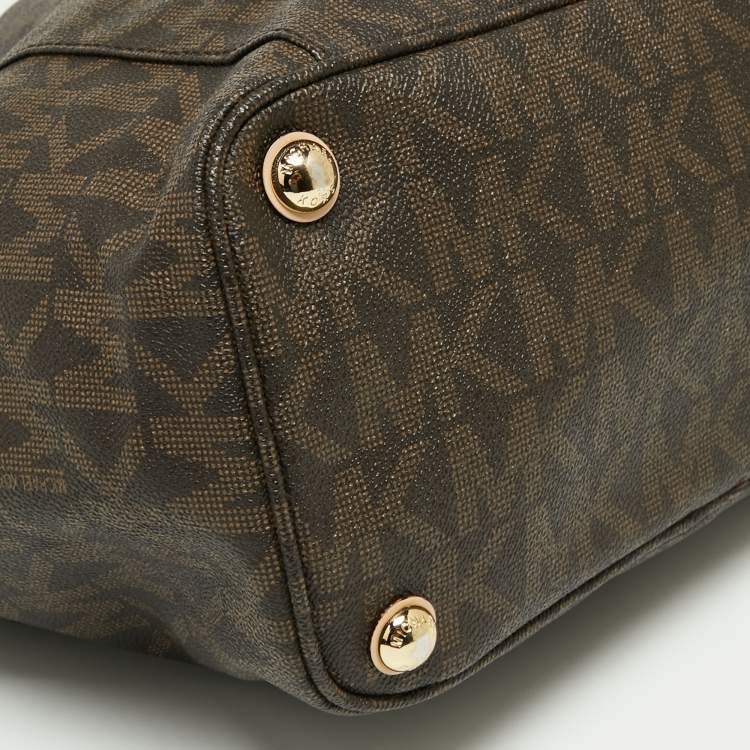 Pre Owned MICHAEL Michael Kors Brown/Beige Signature Coated Canvas and Leather Jet Set Tote