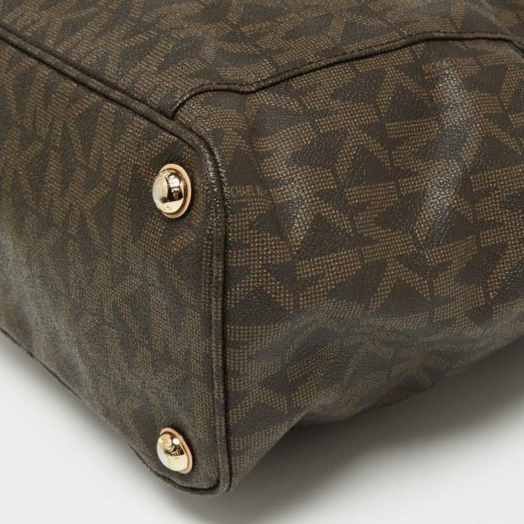 Pre Owned MICHAEL Michael Kors Brown/Beige Signature Coated Canvas and Leather Jet Set Tote