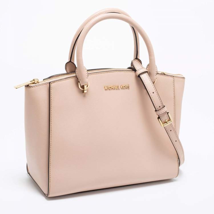 مملوكة مسبقًا MICHAEL Michael Kors Light Beige Saffiano Leather Large Ellis Satchel