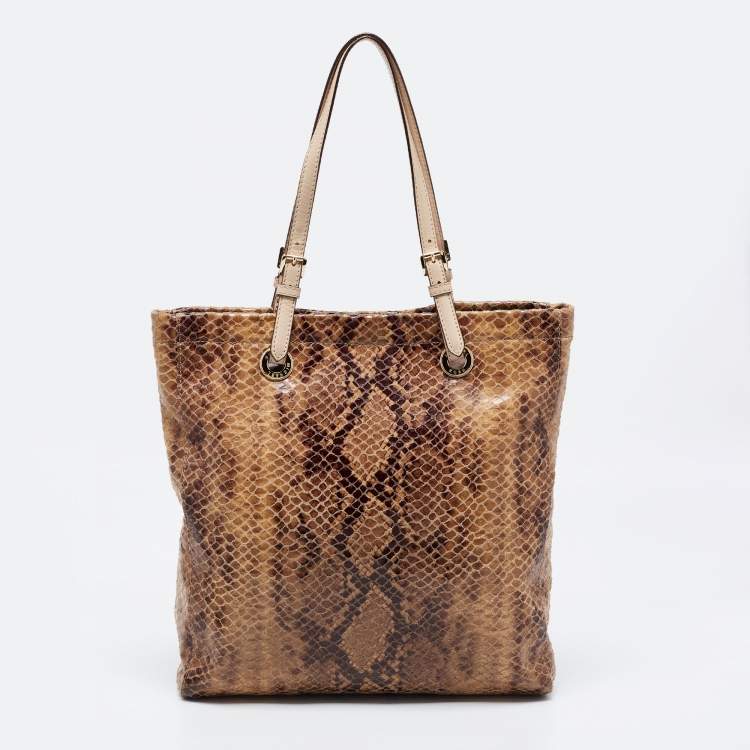Pre Owned MICHAEL Michael Kors Beige/Brown Python Embossed Suede North South Tote