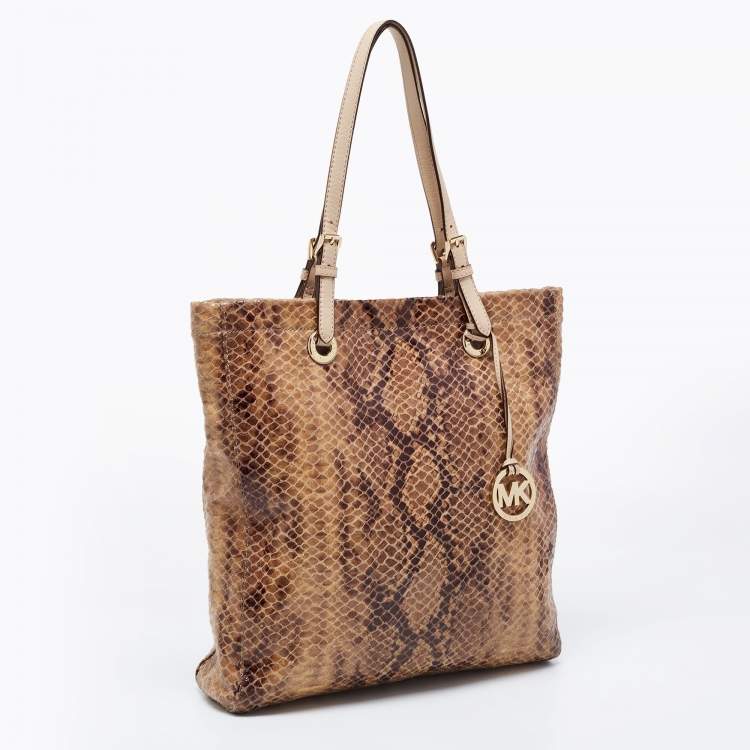 Pre Owned MICHAEL Michael Kors Beige/Brown Python Embossed Suede North South Tote