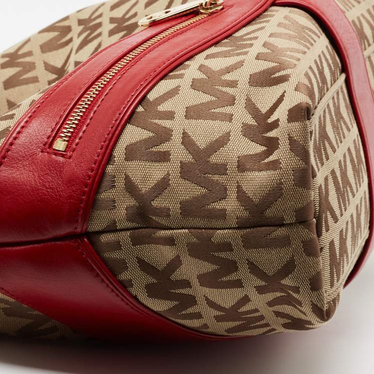 Pre Owned  MICHAEL Michael Kors Red/Beige Signature Canvas and Leather Jamesport Shoulder Bag