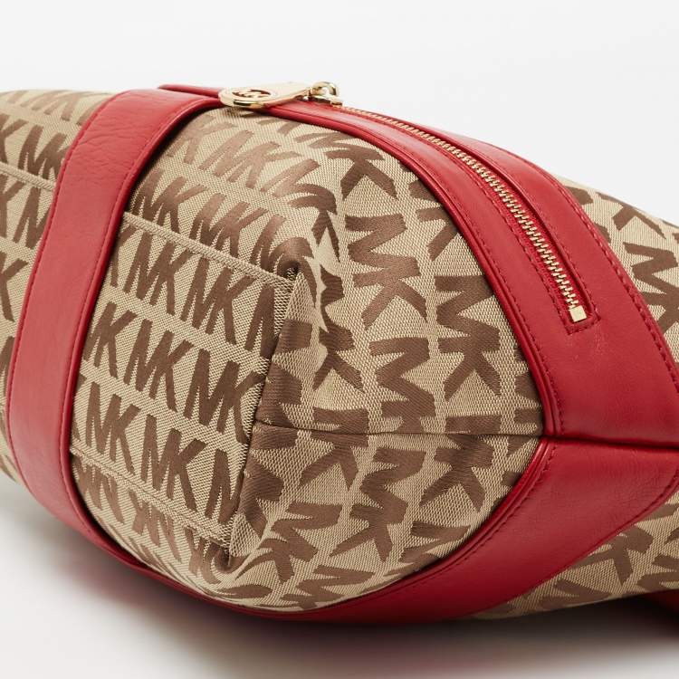 Pre Owned  MICHAEL Michael Kors Red/Beige Signature Canvas and Leather Jamesport Shoulder Bag