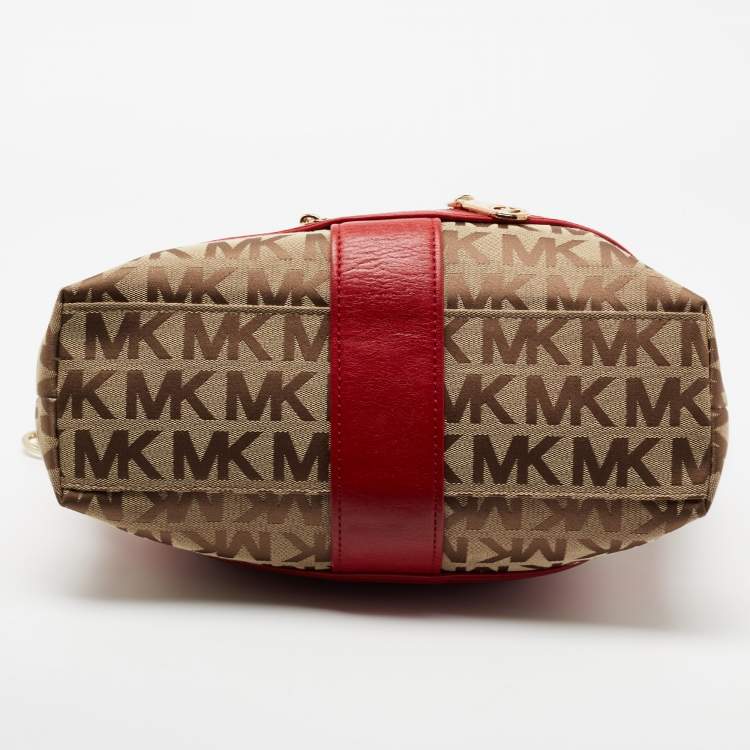 Pre Owned  MICHAEL Michael Kors Red/Beige Signature Canvas and Leather Jamesport Shoulder Bag