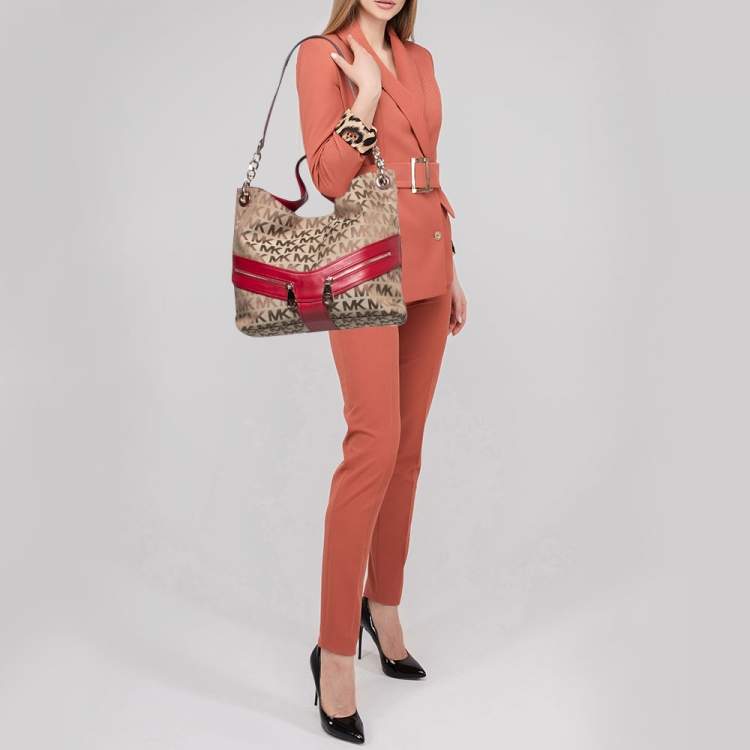 Pre Owned  MICHAEL Michael Kors Red/Beige Signature Canvas and Leather Jamesport Shoulder Bag