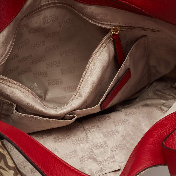 Pre Owned  MICHAEL Michael Kors Red/Beige Signature Canvas and Leather Jamesport Shoulder Bag