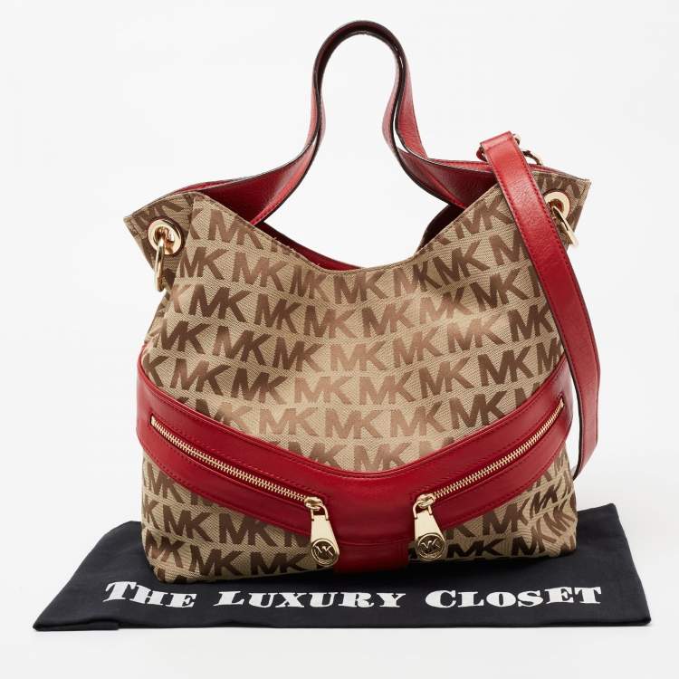 Pre Owned  MICHAEL Michael Kors Red/Beige Signature Canvas and Leather Jamesport Shoulder Bag