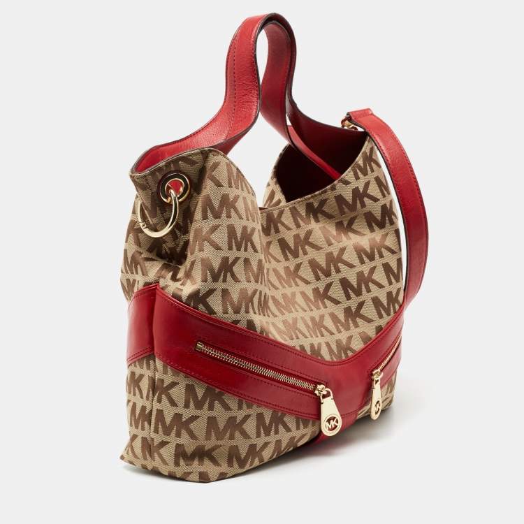 Pre Owned  MICHAEL Michael Kors Red/Beige Signature Canvas and Leather Jamesport Shoulder Bag