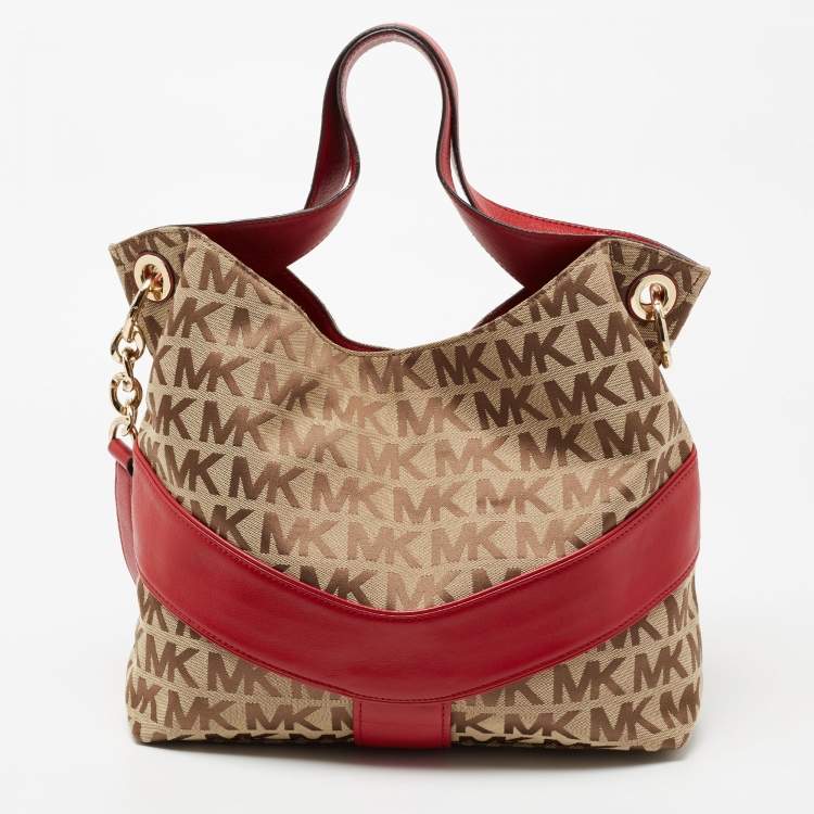 Pre Owned  MICHAEL Michael Kors Red/Beige Signature Canvas and Leather Jamesport Shoulder Bag