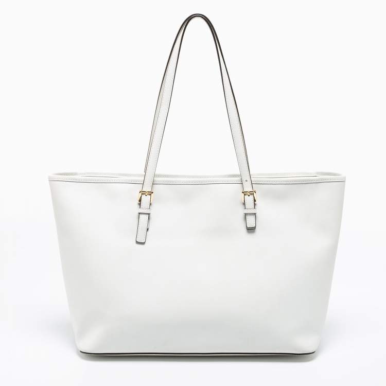 Pre Owned MICHAEL Michael Kors White Saffiano Leather Travel Jet Set Tote