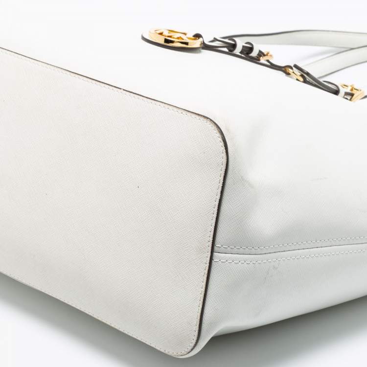 Pre Owned MICHAEL Michael Kors White Saffiano Leather Travel Jet Set Tote