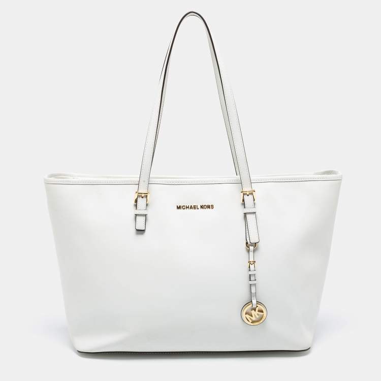 Pre Owned MICHAEL Michael Kors White Saffiano Leather Travel Jet Set Tote