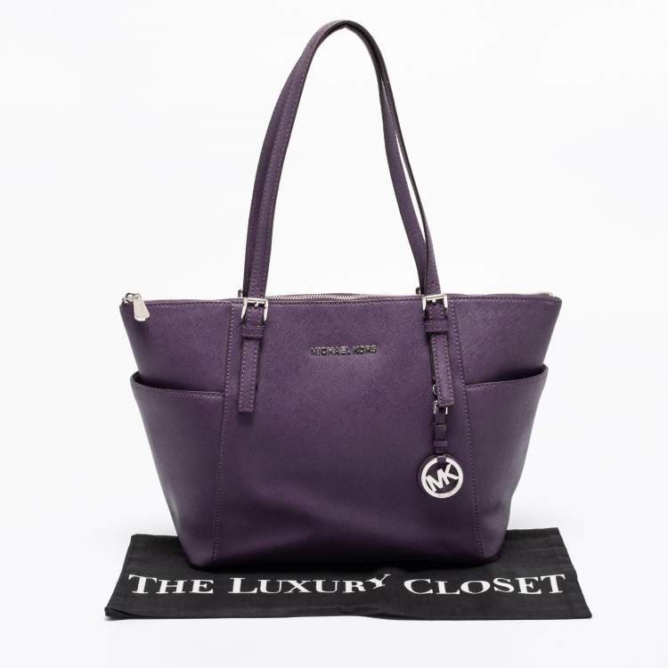 Pre Owned MICHAEL Michael Kors Purple Leather Medium Jet Set Top Zip Tote