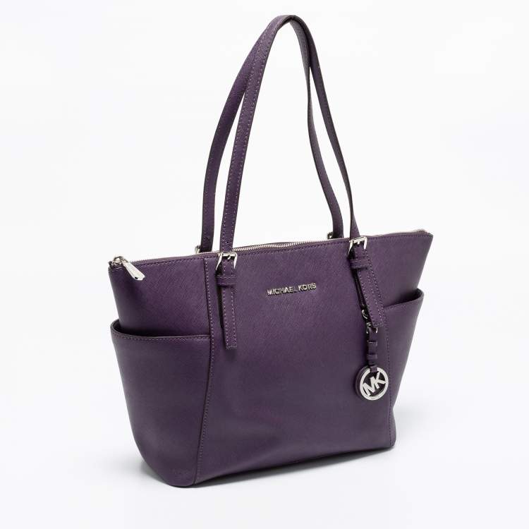 Pre Owned MICHAEL Michael Kors Purple Leather Medium Jet Set Top Zip Tote