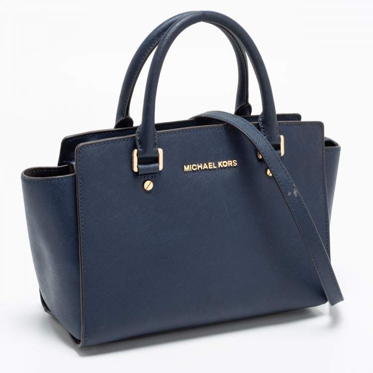 Pre Owned MICHAEL Michael Kors Navy Blue Leather Medium Selma Satchel