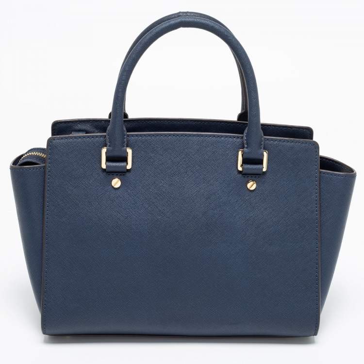 Pre Owned MICHAEL Michael Kors Navy Blue Leather Medium Selma Satchel
