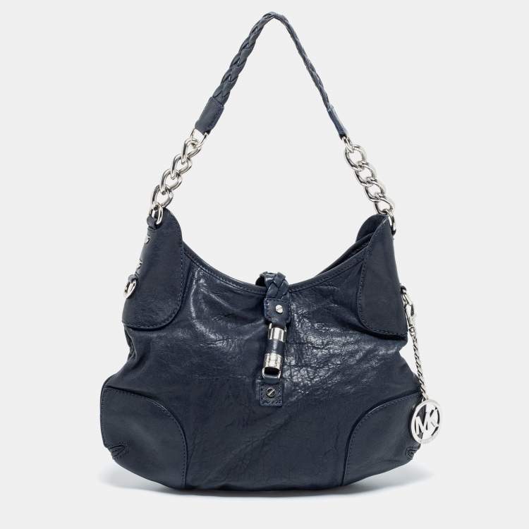 Pre Owned MICHAEL Michael Kors Navy Blue Leather Braided Flap Hobo