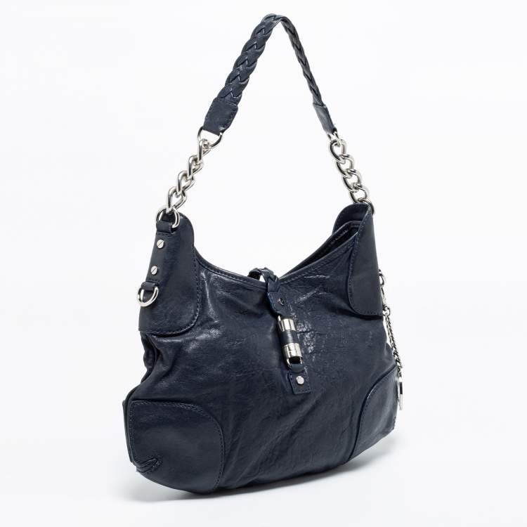 Pre Owned MICHAEL Michael Kors Navy Blue Leather Braided Flap Hobo