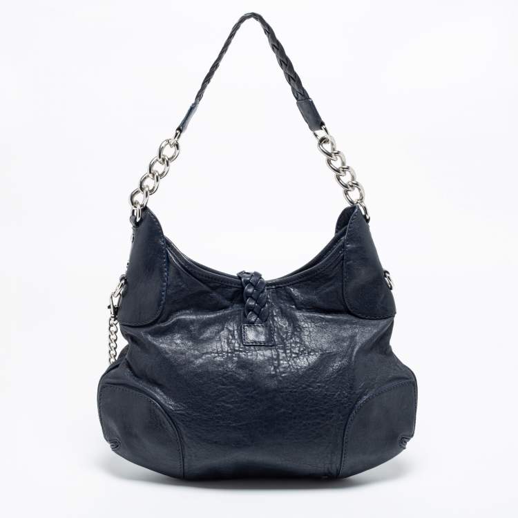 Pre Owned MICHAEL Michael Kors Navy Blue Leather Braided Flap Hobo