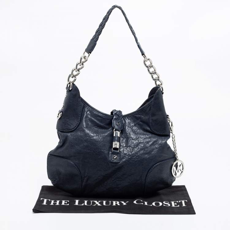 Pre Owned MICHAEL Michael Kors Navy Blue Leather Braided Flap Hobo