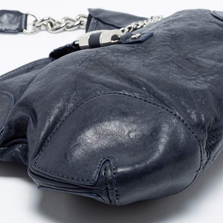 Pre Owned MICHAEL Michael Kors Navy Blue Leather Braided Flap Hobo