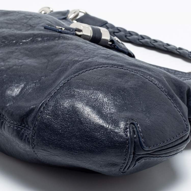 Pre Owned MICHAEL Michael Kors Navy Blue Leather Braided Flap Hobo