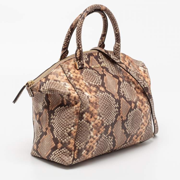 Pre Owned MICHAEL Michael Kors Brown/Beige Python Embossed Leather Satchel