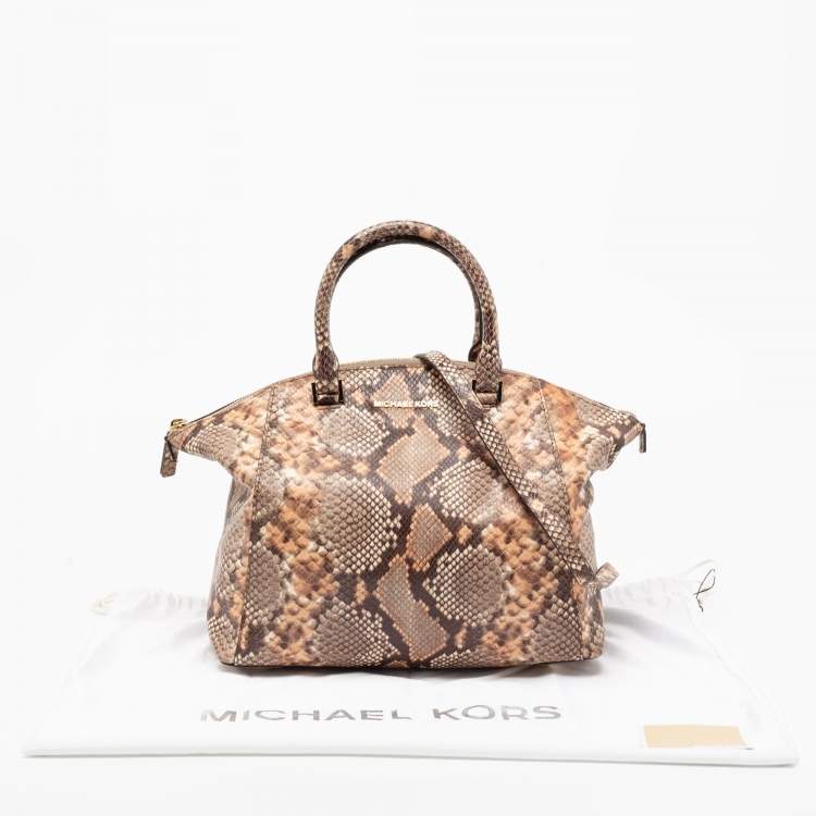 Pre Owned MICHAEL Michael Kors Brown/Beige Python Embossed Leather Satchel