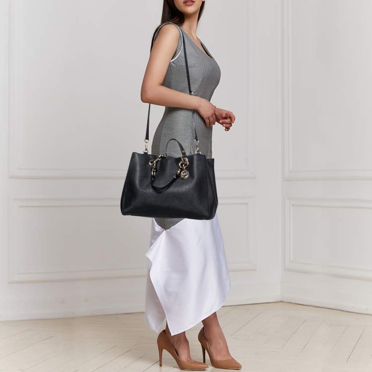 Pre Owned MICHAEL Michael Kors Black Leather Large Cynthia Tote