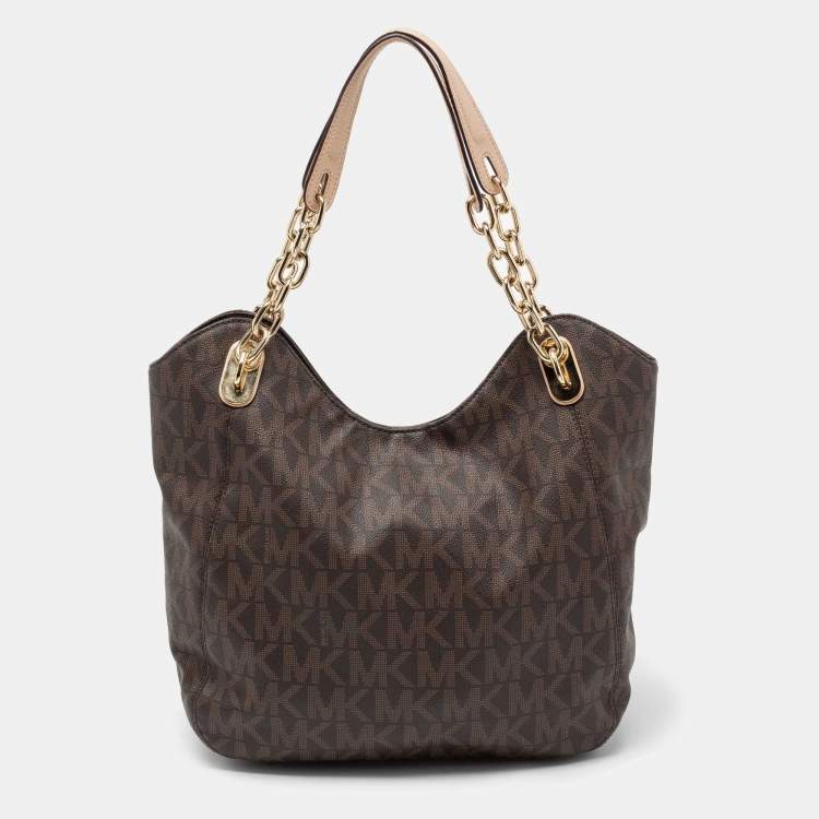 Pre Owned  MICHAEL Michael Kors Brown Signature Coated Canvas and Leather Lilly Chain Hobo