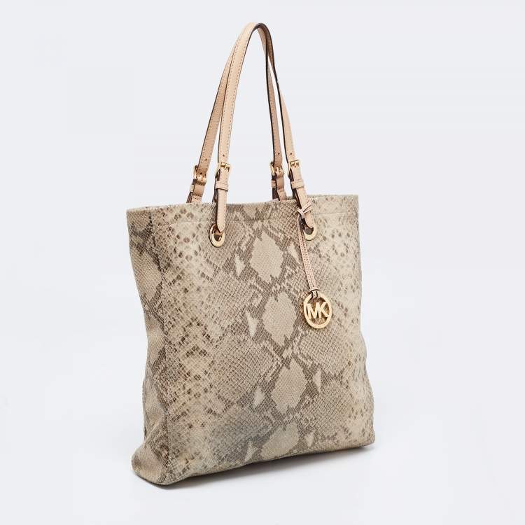 Pre Owned MICHAEL Michael Kors Beige Python Embossed Leather Shopper Tote