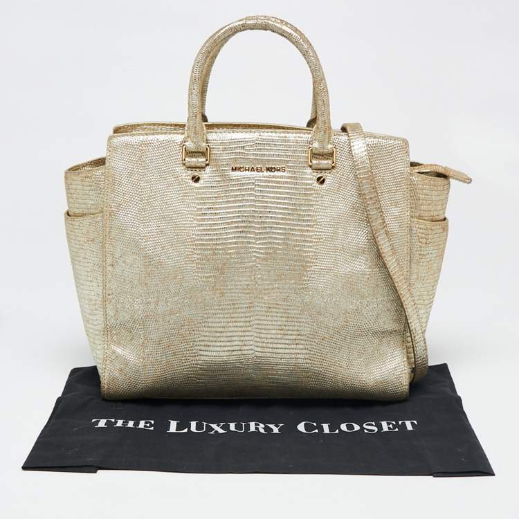 Pre Owned MICHAEL Michael Kors Metallic Gold Lizard Embossed Leather Large Selma Tote