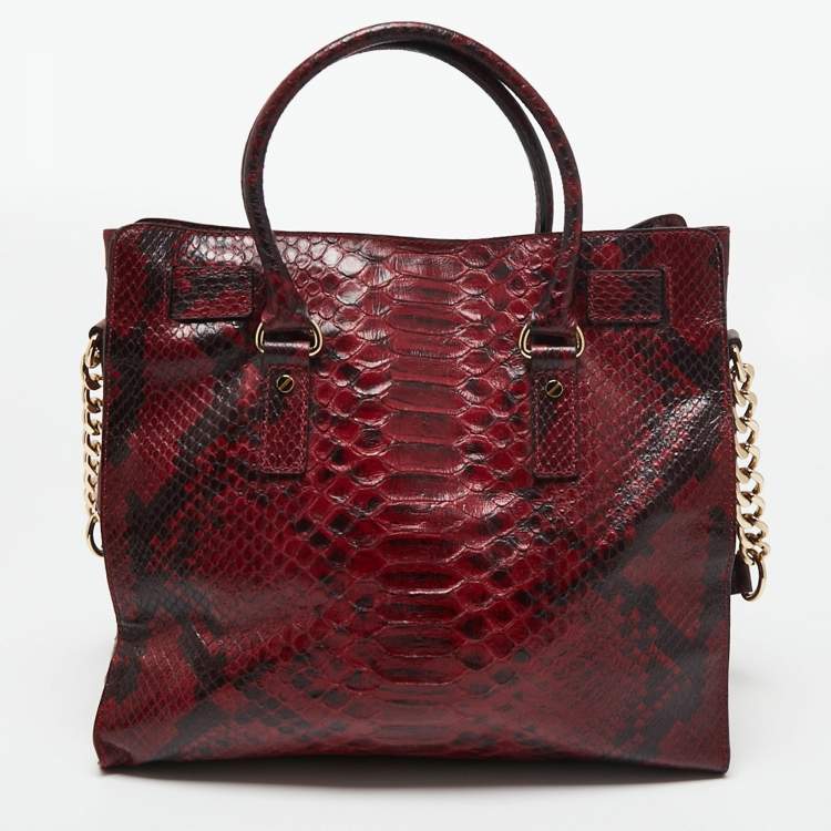 Pre Owned MICHAEL Michael Kors Burgundy/Black Python Embossed Leather Large Hamilton Tote