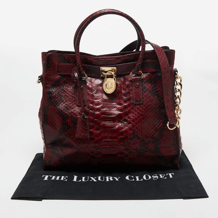 Pre Owned MICHAEL Michael Kors Burgundy/Black Python Embossed Leather Large Hamilton Tote