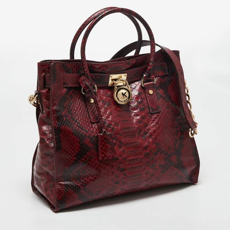 Pre Owned MICHAEL Michael Kors Burgundy/Black Python Embossed Leather Large Hamilton Tote