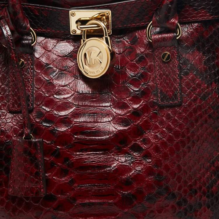 Pre Owned MICHAEL Michael Kors Burgundy/Black Python Embossed Leather Large Hamilton Tote