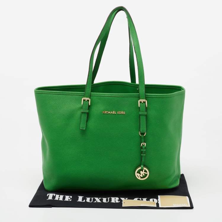 Pre Owned Michael Kors Green Saffiano Leather Large Jet Set Travel Tote
