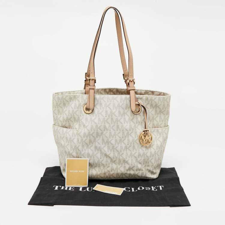 Pre Owned MICHAEL Michael Kors White Signature Coated Canvas and Leather Jet Set East West Tote