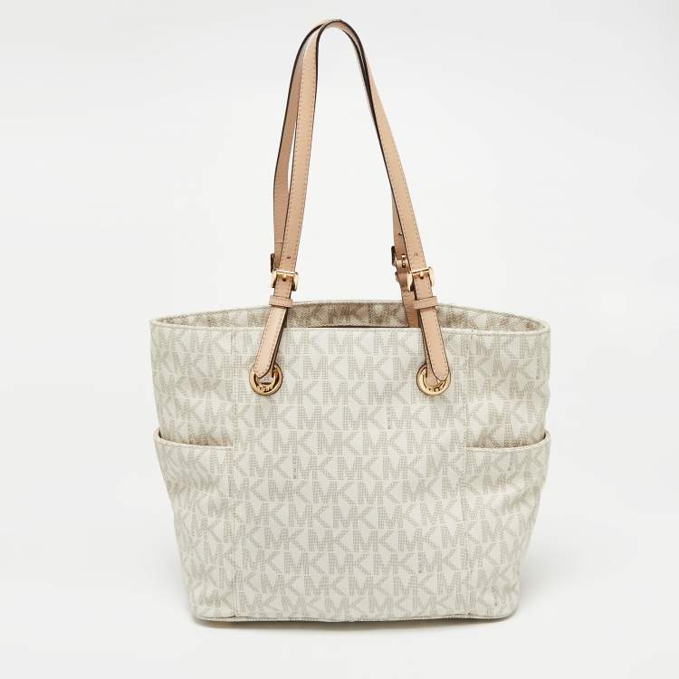 Pre Owned MICHAEL Michael Kors White Signature Coated Canvas and Leather Jet Set East West Tote