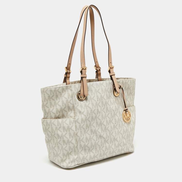Pre Owned MICHAEL Michael Kors White Signature Coated Canvas and Leather Jet Set East West Tote