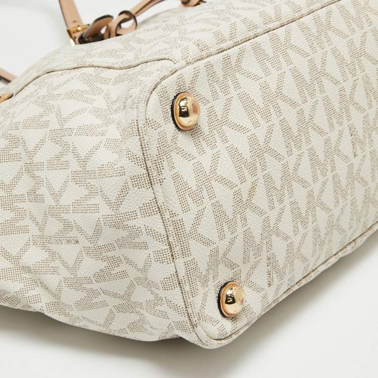 Pre Owned MICHAEL Michael Kors White Signature Coated Canvas and Leather Jet Set East West Tote