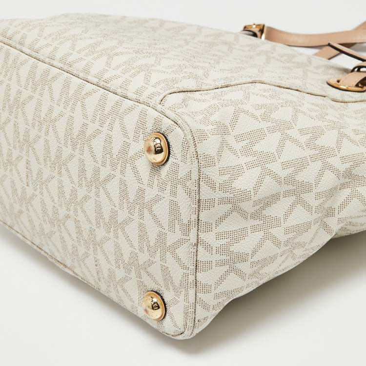 Pre Owned MICHAEL Michael Kors White Signature Coated Canvas and Leather Jet Set East West Tote