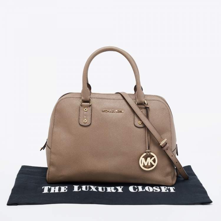 Pre Owned Michael Kors Dark Beige Saffiano Leather Large Cindy Dome Satchel