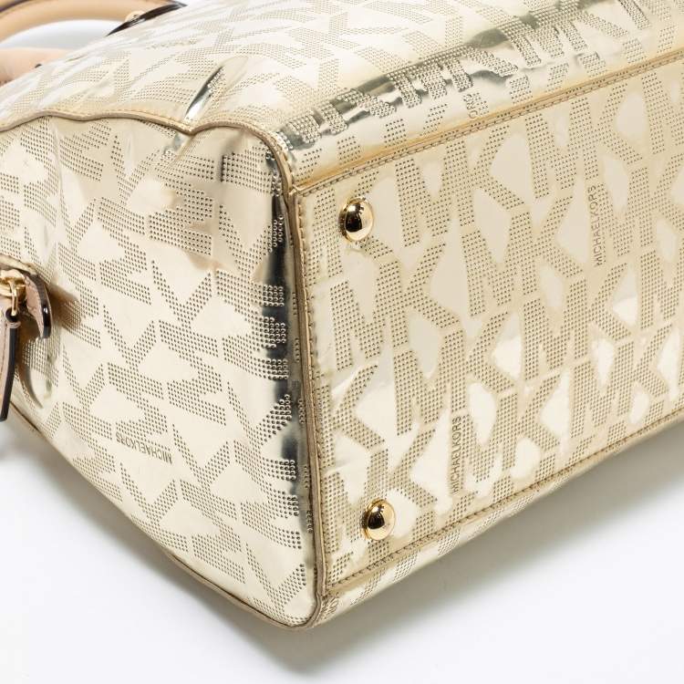 Pre Owned MICHAEL Michael Kors Metallic Gold Mirror Signature PVC And Leather Large Cindy Dome Satchel