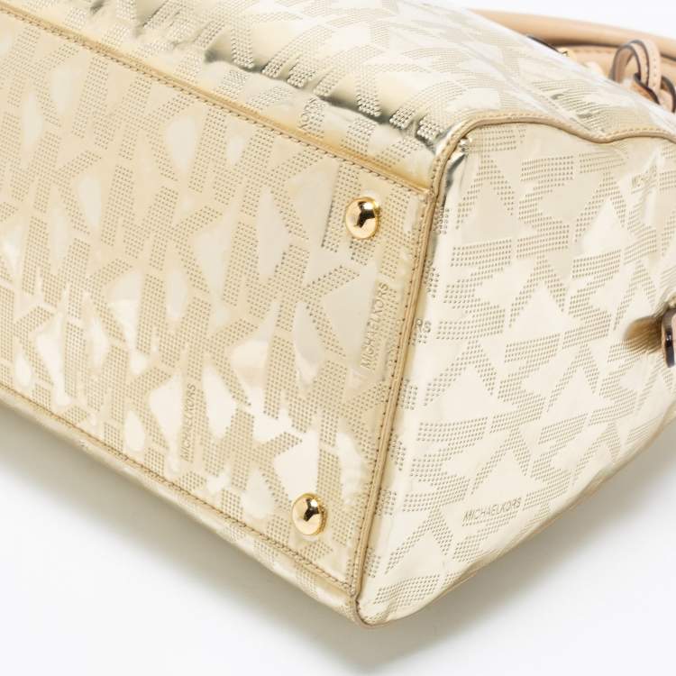 Pre Owned MICHAEL Michael Kors Metallic Gold Mirror Signature PVC And Leather Large Cindy Dome Satchel